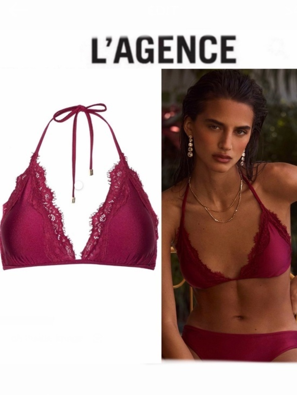 L'AGENCE Annabelle Triangle Bikini Top Burgundy Lace-Trim Halter XL NWT $155